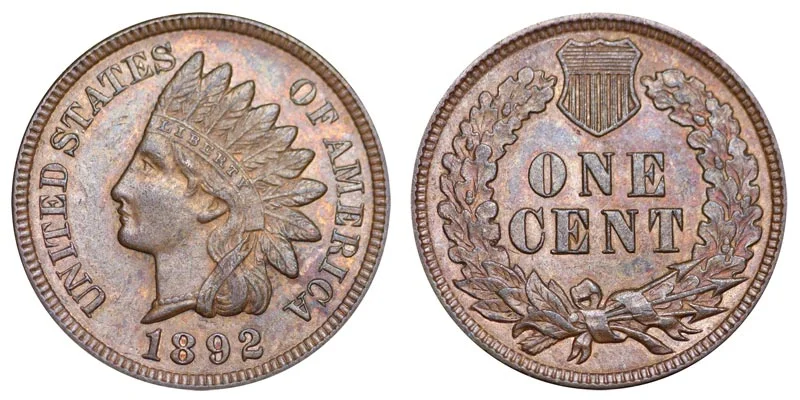 1892 Indian Head penny obverse showing Liberty in feathered headdress and reverse showing one cent wreath