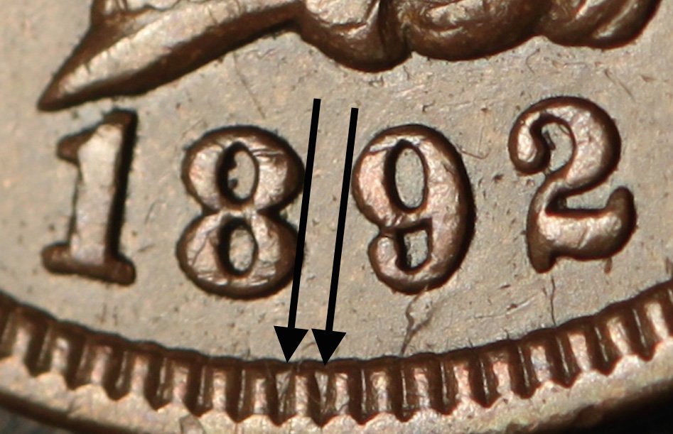 1892 Indian Head penny misplaced date MPD Snow-16 showing 92 digits in the denticle area below the date