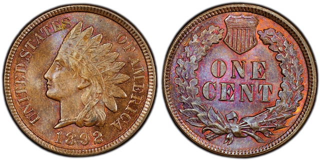Group of 1892 Indian Head pennies at various grades from worn to uncirculated, or historical Philadelphia Mint exterior