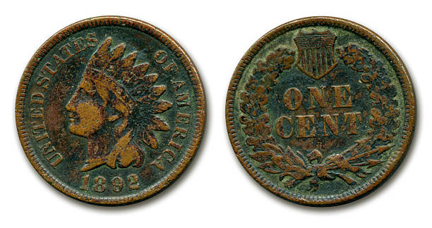 1892 Indian Head penny grading strip showing four coins from worn Good grade through gem uncirculated MS-64